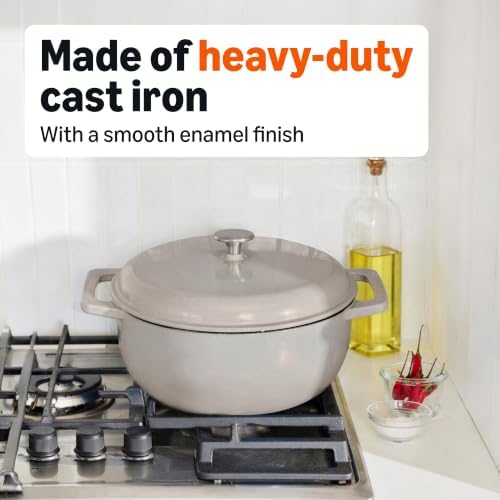 Amazon Basics Cast Iron Dutch Oven Pot with Lid, Enameled, Dual Handles, Round, Heavy-Duty, Medium, 6-Quart, Linen Gray
