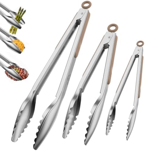 Stainless Steel Kitchen Tongs with Teeth Good Grip, 3Pcs Mud Color