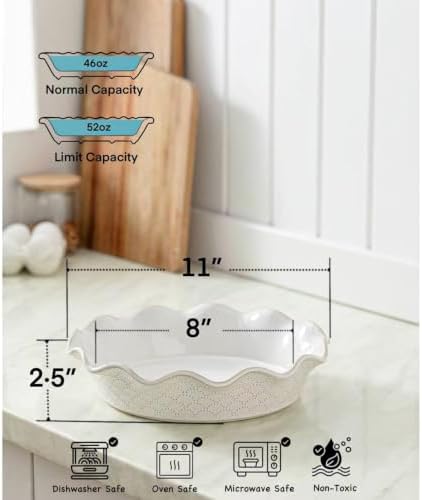 Ceramic Deep Pie Pan for Baking, 11 inch Porcelain Pie Plate for Apple Pie, Oven & Dishwasher Safe, Farmhouse Decor, 48 Ounce Deep Plate for Kitchen, Non-Stick Pie Dish, Embossed Diamond