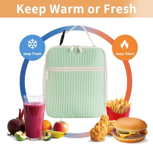 Lunch Box for Women Men Adult Insulated Lunch Bag Women Men Small Reusable Lunchbox for Work Picnic Travel (Green Stripes)