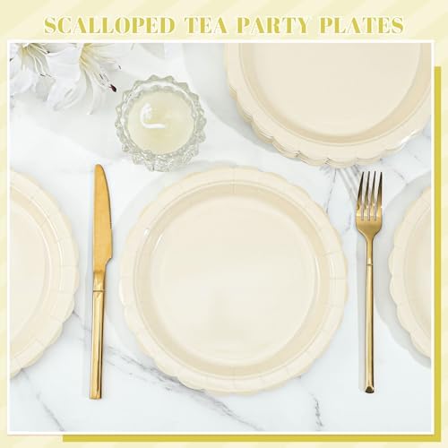 NatNarr 30 Pcs Ivory Paper Plates 9 Inch Disposable Scalloped Cream Plates Cute Beige Wedding Dessert Cake Plate Party Dinner Plate for Engagement, Baby Bridal Shower (Pack of 3)