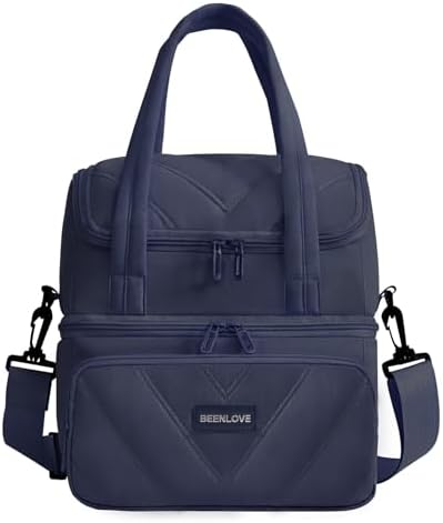 Double Decker Lunch Bag Women Men With Cup Holder, Navy Blue