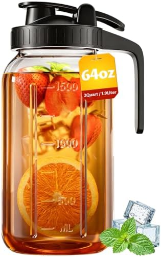 64oz Mason Jar Pitcher, Glass Pitcher with Lid for Tea & Cold Brew