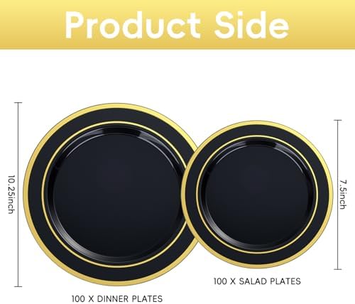 BESTVIP 200PCS Black Plastic Plate with Gold Rim