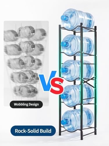 Heavy-Duty 5 Gallon Water Bottle Holder Rack, 5-Tier Single-Row Stand for 5 Bottles - Detachable Water Cooler Jug Storage Shelf for Office, Kitchen, Garage - Black