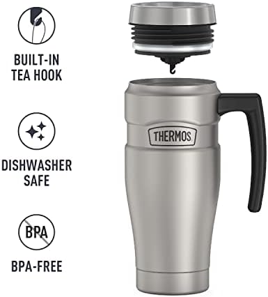 THERMOS Stainless King Vacuum-Insulated Travel Mug with Handle-16oz,Matte Steel-Thermos Tumbler for Hot&Cold Drinks-Leak-Proof&Sweat-Proof Stainless Steel Coffee Mug with Lid for Commuting,(Pack of 4)