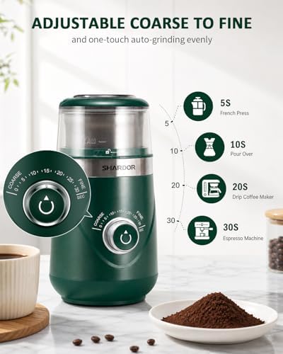 SHARDOR Electric Super Silent Blade Coffee Grinder, Timed Grind Control Rotary Knob, Adjustable Coarse to Fine for Coffee Beans, Spices & Herbs, with 2 Removable Stainless Steel Bowl, Green
