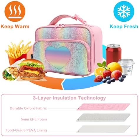 FlowFly Kids Lunch box Insulated Soft Bag Mini Cooler Back to School Thermal Meal Tote Kit for Girls, Boys,Glitter-RainBow