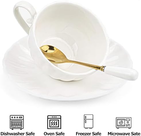 Yesland Set of 6 Royal Tea Cups and Saucers, 6 oz White Porcelain Tea Set & British Coffee Cups, White Latte Cups and Espresso Mug for Specialty Coffee Drinks, Latte, Cafe Mocha, Tea
