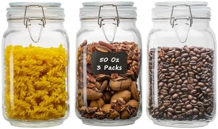 50oz Square Glass Food Storage Jars with Airtight Clamp Lids 3 Pack