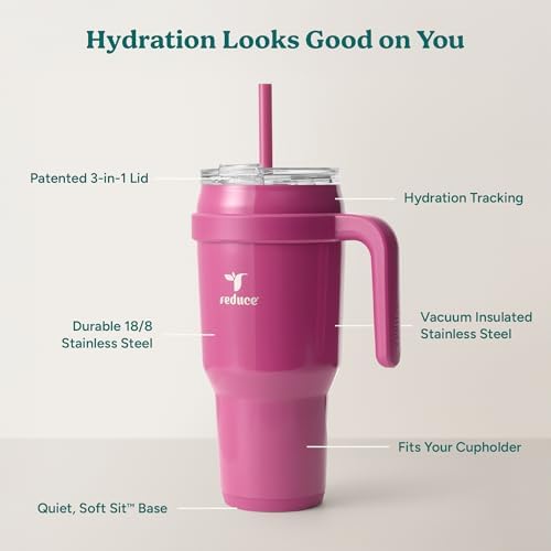 REDUCE 40 oz Stainless Steel Tumbler with Handle - Dual-Wall Vacuum Insulated Travel Mug, Sweat-Proof Lid & Reusable Straw - Keeps Drinks Cold for 24 Hrs, Fits Cupholders, Dishwasher Safe - Sangria