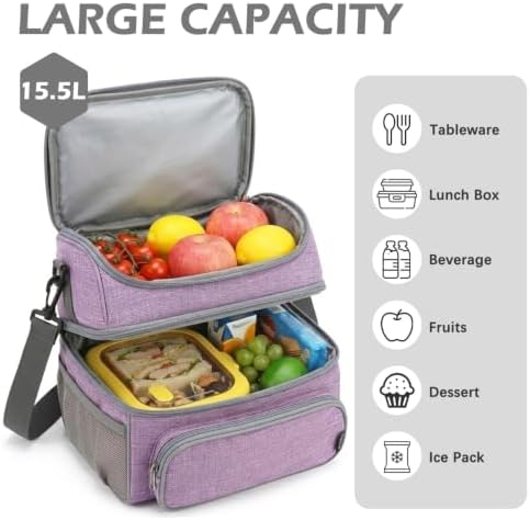 FlowFly Double Layer Cooler Insulated Lunch Bag Adult Lunch Box Large Tote Bag for Men, Women, With Adjustable Strap,Front Pocket and Dual Large Mesh Side Pockets