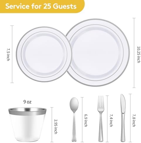 Goodluck 150 Pieces Silver Disposable Plates for 25 Guests