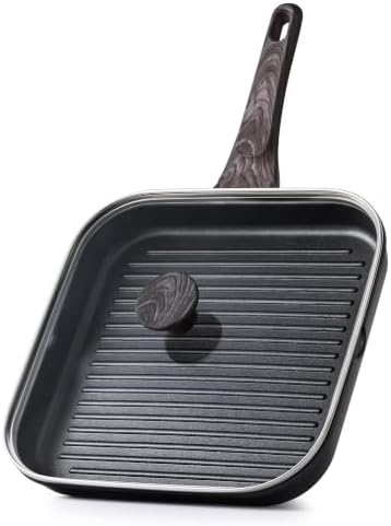 SENSARTE Nonstick Grill Pan with Lid, Grill Pan for Stove Tops, Versatile Griddle with Pour Spouts, Square Big Cooking Surface, Durable Skillet Indoor & Outdoor Grilling. PFOA Free, 9.5 Inch