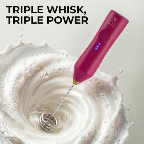 Zulay Kitchen Rechargeable Milk Frother Handheld - Frother Wand, Drink Mixer, Electric Whisk Frother, for Cappuccinos, Matcha & Protein Powder - Dynamic Triple Whisk, 3 Speed 500mAh Dragonfruit Gold