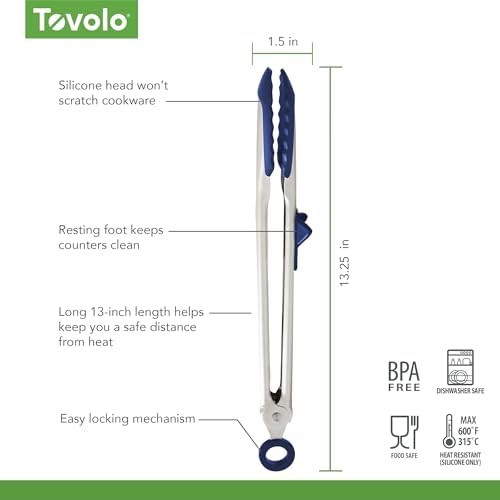 Tovolo Tip Top Tongs, Easy-Grip Kitchen Tongs for Cooking With Silicone Tips, Easy Locking Mechanism, Cooking Utensil With Resting Foot, Heat-Resistant & BPA-Free Silicone Tips, Deep Indigo