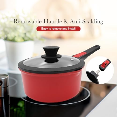 Small Sauce Pan with Lid, 1.5 Qt Saucepan with Lid, Non Stick Sauce Pan, Milk Pot & Sauce Pot & Saucepan with Pour Spout, Detachable Handle Milk Pan, Induction Compatible, Oven Safe,PFOA-Free