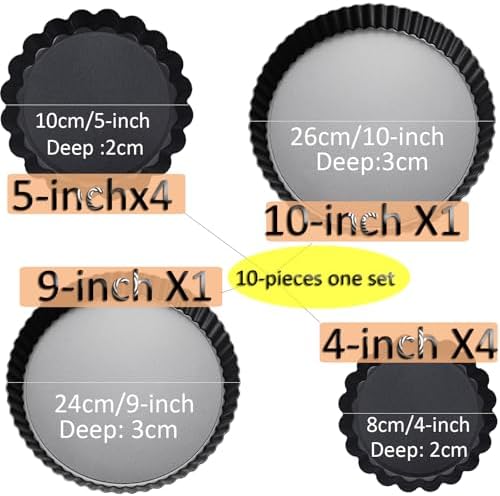 Tart Pan Set, 10 & 9 Inch Tart Pans with 5 & 4 Inch Mini Tart Pans Removable Bottom, Quiche Pan Carbon Steel Heavy Duty Nonstick Pie Pan- Fluted Edges for Baking Fruit Tartets, Pastries