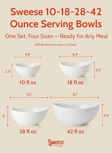 Sweese Porcelain Serving Bowls Set, 10-42 oz, Versatile for Salad, Soup, Snacks, Microwave Dishwasher Safe, White