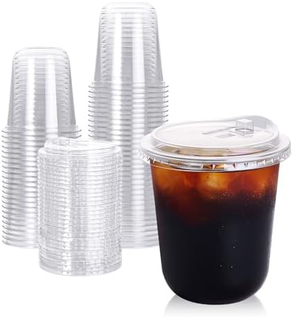 Turbo Bee 12 oz Plastic Cups with Lids, 50 Pack, Iced Coffee Cups with Lids