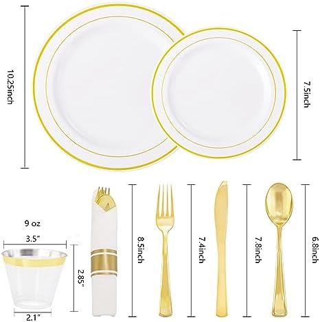 WELLIFE 210 Piece Gold Plastic Dinnerware Set, Include: 30 Dinner Plates, 30 Dessert Plates, 30 Pre Rolled Napkins with Silverware and 30 Cups