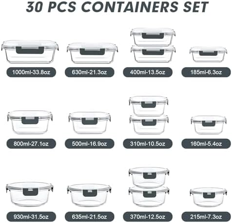 VERONES 30 Pieces Glass Food Storage Containers Set with Lids, Grey
