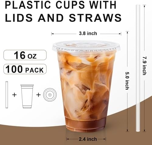 Lamosi 100 Pack 16 oz Plastic Coffee Cups with Lids, Disposable Clear Cups