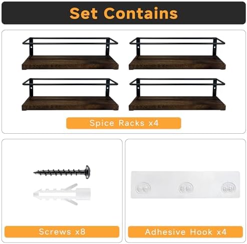 4-Tier Wall Mount Spice Rack Organizer- Screw/Adhesive Mount, Black Metal & Wood Spice Storage for Kitchen Pantry Cabinet, 11.6”L x 2.4”W x 3.2”H, Spice Jars Not Included