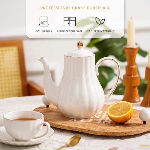 Agyiuns Tea Pot, Porcelain Teapot 37oz，tea pots for tea party，Tea Infuser Pots for Blooming loose Leaf Tea(White)