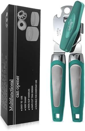 Safring Can Opener Manual, Handheld Strong Heavy Duty Stainless Steel Can Opener, Comfortable Handle, Sharp Blade Smooth Edge, Can Openers with Multifunctional Bottle Opener, Aqua Sky