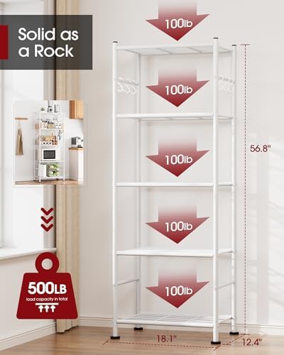 Sakugi 5T Storage Rack Organizer with Hooks, Heavy Duty Metal Garage Rack with Leveling Feet, Freestanding Utility Rack for Bedroom, Balcony and Garage, 18.1"×12.4"×56.8", White