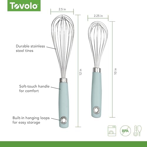 Tovolo Wire Whisk Set of 2 for Baking Cooking Mixing Whisking, 10” & 12” Inch Stainless Steel Wire Kitchen Whisk Set Balloon Design Sturdy Comfort Grip Handle BPA Free Dishwasher Safe, Blue Haze