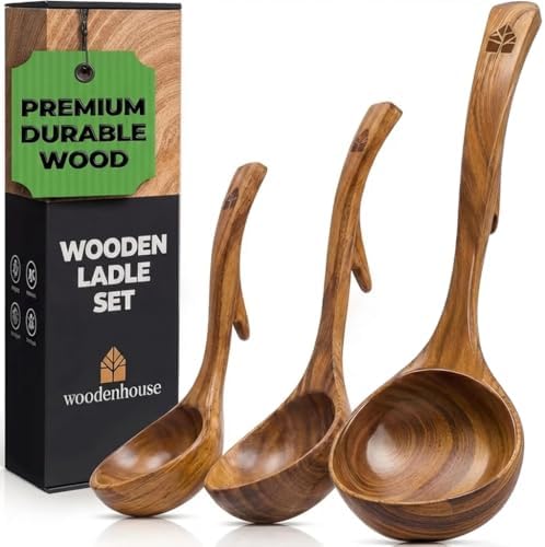 Wooden Ladle for Soup, 3 Size Teak Wood Ladle Spoon with Back Hooks