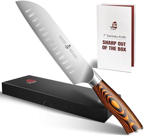 TUO Santoku Knife, 7 inch Japanese Chef Knife for Vegetable Chopping & Meat Dicing, High Carbon German Steel, Ergonomic Handle - Fiery Phoenix Series