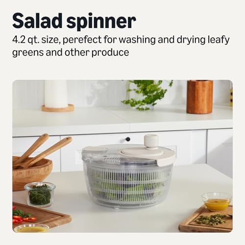 Amazon Basics Salad Spinner with Non-Skid Base and Spin Knob, Removable Basket Colander, 4.2 qt., BPA-Free, Linen Gray