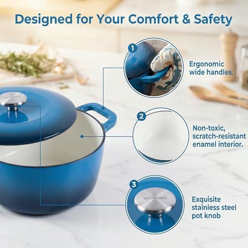 5QT Enameled Cast Iron Dutch Oven,Concave Self-Basting Lid,Blue
