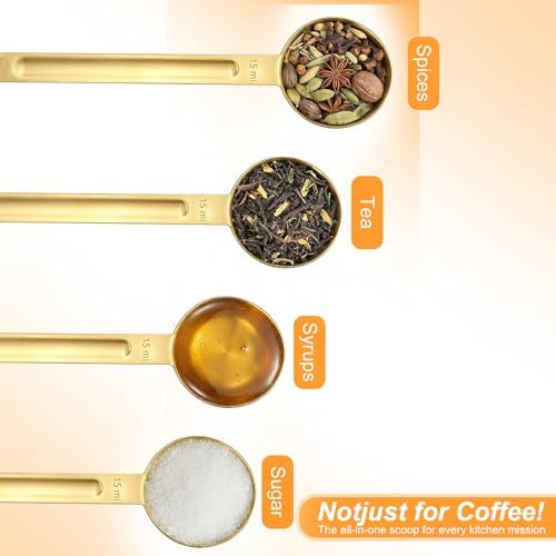 Double Sided Coffee Measuring Spoon, Stainless Steel Teaspoon Scoop 1 Tsp (5ml) and 1 Tbsp (15ml) Tablespoon Measuring Spoon, Dual-Measure Long-Handle Spoons for Kitchen Sugar Baking Precise Gold