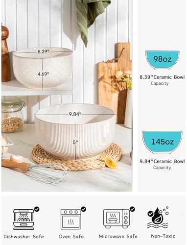 Mikiegy Ceramic Mixing Bowls Set of 2, Nesting Ceramic Embossment Stoneware Mixing Bowls for Cooking, Serving, Popcorn, Salad etc, Microwave & Dishwasher Safe, 98/145 oz, Off-White