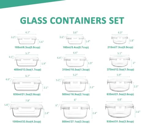 KOMUEE 24 Pieces Glass Food Storage Containers Set, White