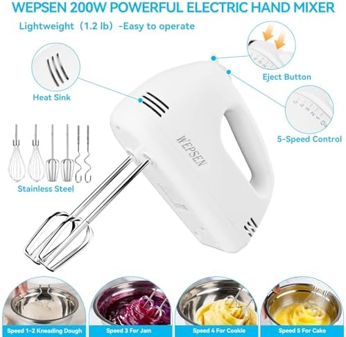 WEPSEN Hand Mixer Electric Mixing Bowls Set, 5 Speeds Handheld Mixer with 4 Nesting Stainless Steel Mixing Bowl, Measuring Cups Spoons 200W Kitchen Blender Whisk Beater Baking Supplies For Beginner