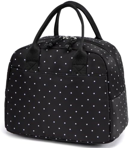 LOVELYWIND Lunch Box for Women, Insulated Lunch Bag, Black Polka Dot Tote