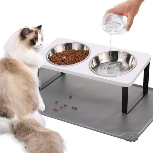 Summark Upgraded Elevated Cat Bowls with Food Mat,15°Tilted Stand Anti Vomiting Raised Cat Dishes for Food and Water,2 Stainless Steel Bowls for Cats and Puppy（White）