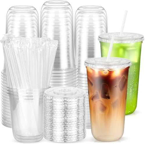 50 Pack 20 oz Plastic Cups with Lids and Straws, Disposable Clear Cups