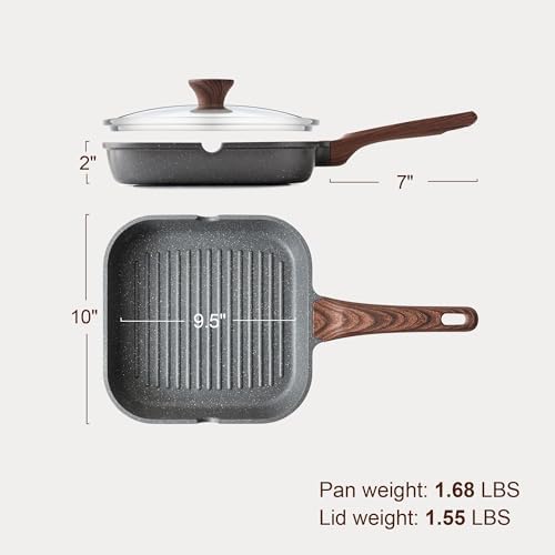 SENSARTE Nonstick Grill Pan with Lid, Grill Pan for Stove Tops, Versatile Griddle with Pour Spouts, Square Big Cooking Surface, Durable Skillet Indoor & Outdoor Grilling. PFOA Free, 9.5 Inch
