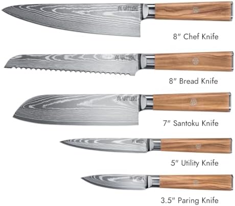 Yatoshi Knives Magnetic Kitchen Knife Block Set - Japanese 67 Layer High-Grade VG-10 Steel Knives, Sharp, Professional Kitchen Knife Set - Damascus (6 pieces), Olive Wood Handles