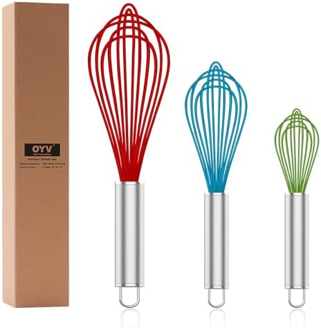 OYV Silicone Whisk Set of 3, 8/10/12 Inch, Non-Scratch, Red/Blue/Green