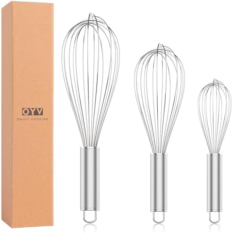 OYV 304 Stainless Steel Whisk Set, Dishwasher Safe Rustproof Metal Whisk, Professional Balloon Wire Whisks for Kitchen Cooking, Perfect For Blending, Whisking, Baking, Beating, 3 Packs (8" 10" 12")