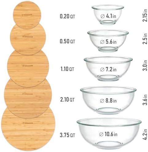 Stackable Glass Mixing Bowls with Bamboo Lids Set of 5