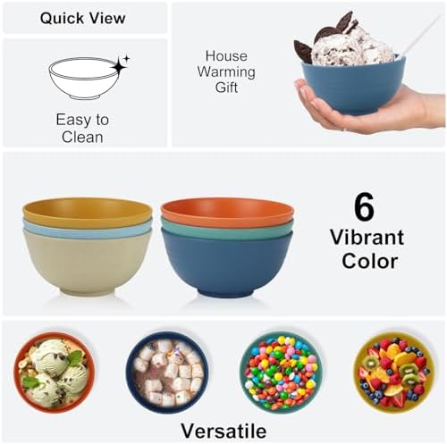 Unbreakable Wheat Straw Bowls for Kids, 10 oz Snack Bowls Set of 6, Small Handy Bowls Set for Snack, Dessert and Appetizer,Multi Color