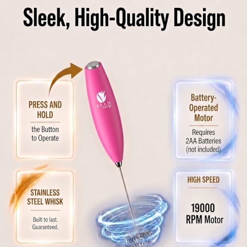 Bean Envy Milk Frother Handheld - Coffee Mixer Wand with Stand - Raspberry